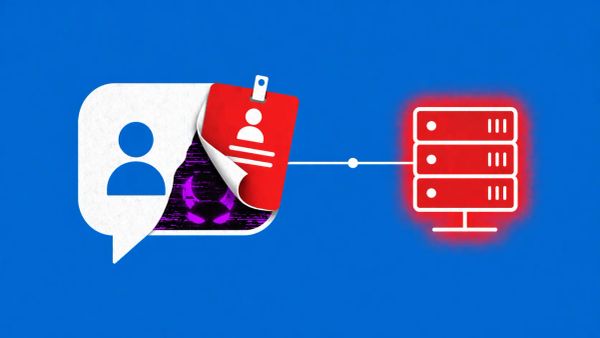 Minimalist vector art of a Microsoft Teams chat bubble with a fake helpdesk badge on a blue background.