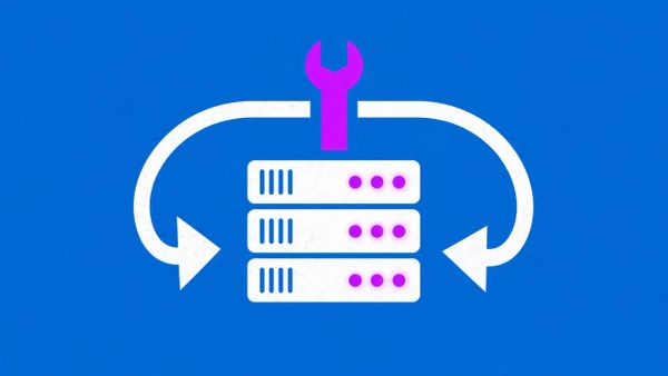 Minimalist vector art of a Windows server rack in an infinite reboot loop being fixed by a purple wrench.