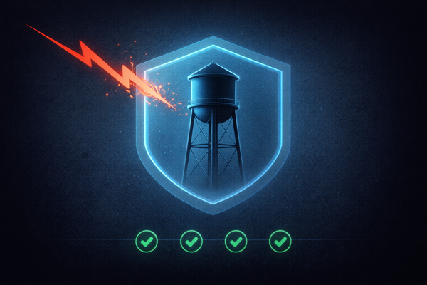 Editorial illustration of a water tower protected by a digital shield deflecting a red ransomware lightning bolt, symbolizing the contained cyberattack on Minot's water treatment plant.