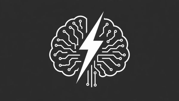 Minimalist white line art of a digital brain silhouette with a white lightning bolt through the center, overlaid on a solid charcoal gray background.