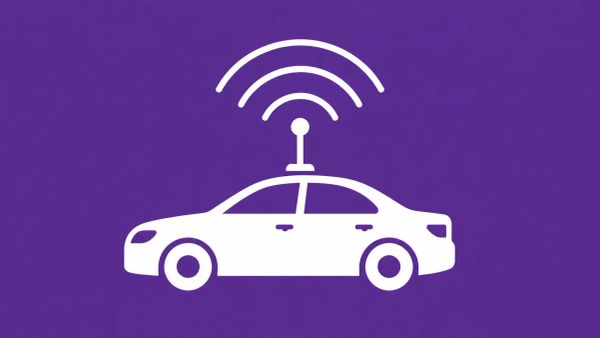 Minimalist white line art on a purple background showing a stylized car silhouette with a signal tower emerging from its roof, symbolizing mobile telecom-hijacking equipment.