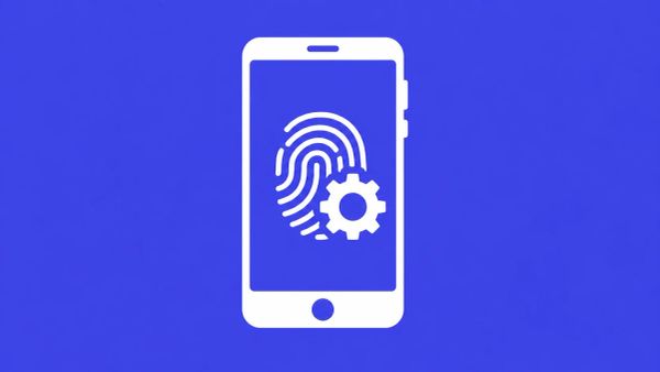 Minimalist white line art on a deep navy background showing a smartphone with a stylized fingerprint icon and an interlocking gear, symbolizing biometric spoofing.