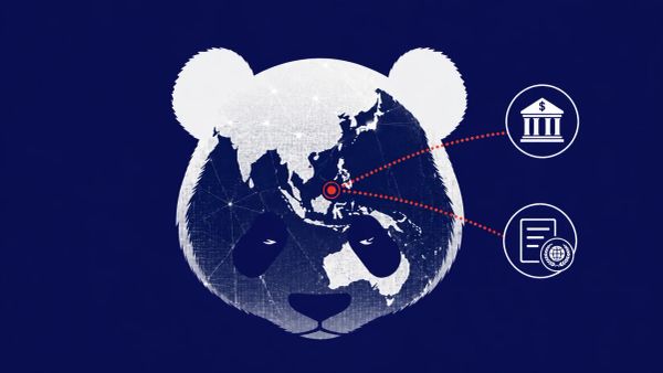 Minimalist vector on Midnight Blue background: A white stylized panda silhouette overlaid with a digital world map focused on the Indo-Pacific.
