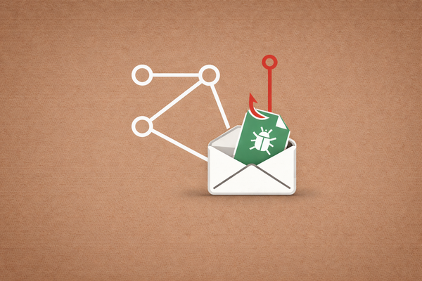 Minimalist vector art showing a fishing hook pulling malware from an automation node.