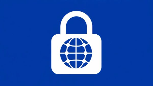 Minimalist white line art of a stylized padlock with a white network globe inside, overlaid on a solid cobalt blue background.
