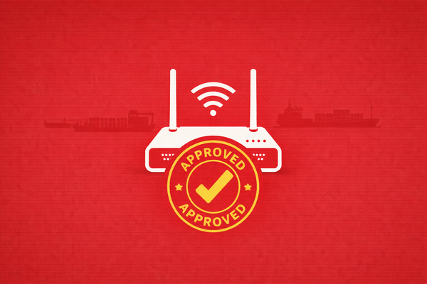 Minimalist vector art of an approved router on a crimson red background, representing Netgear's FCC exemption.