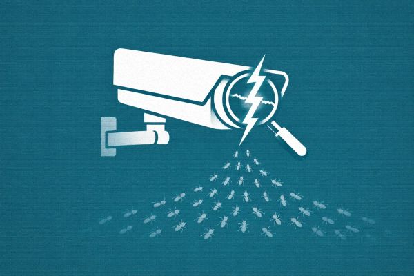 Minimalist vector art of a surveillance camera with malware passing through the lens on a teal background, representing the Nexcorium IoT botnet.