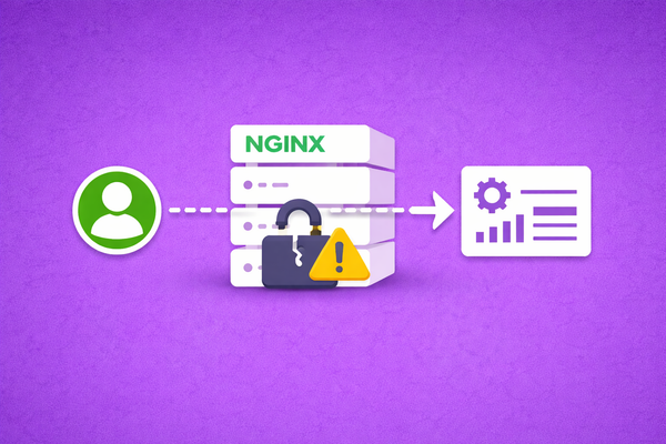 Minimalist vector art of an Nginx server bypass on a crimson background, symbolizing the CVE-2026-33032 vulnerability.