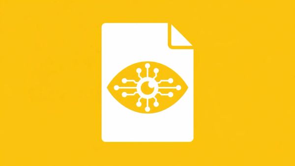 Minimalist white line art of a stylized document silhouette with a digital eye icon centered inside, overlaid on a solid Deep Yello background.