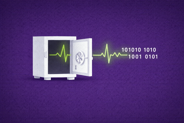 Minimalist vector art of an open vault and a green pulse line on a purple background, representing the Obsidian malware attack.