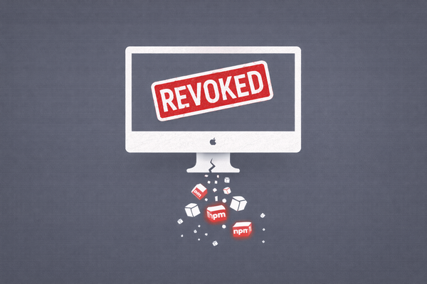 Minimalist vector art of a Mac monitor with a red "Revoked" stamp, representing OpenAI's emergency certificate rotation.