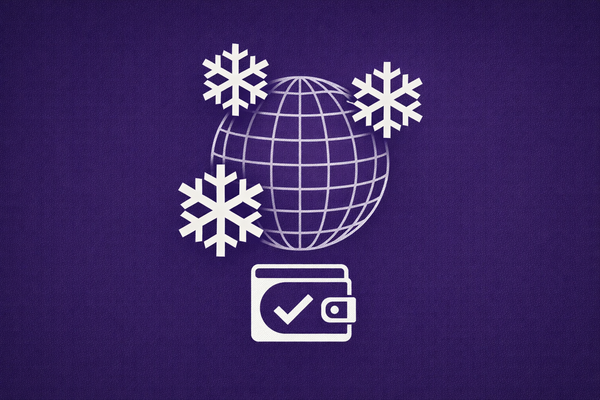 Minimalist vector art on a purple background. A wireframe globe is surrounded by ice crystals, signifying frozen assets in a crypto fraud case.