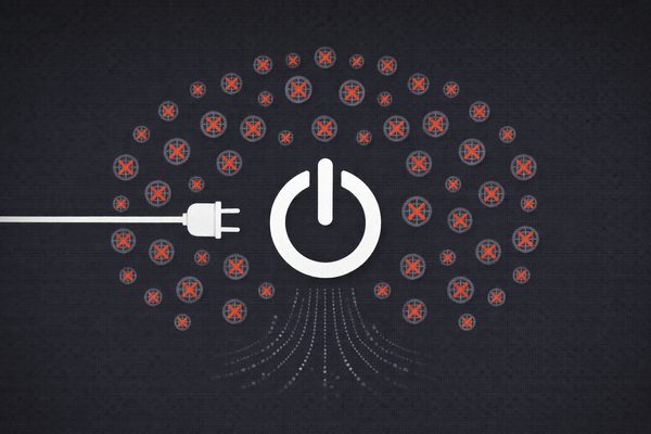 Minimalist vector art of an unplugged power button and seized domains on a dark background, representing Operation PowerOFF.