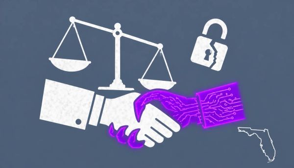 Minimalist vector art of a deceptive handshake between a human hand and a purple cyber claw on a slate blue background.