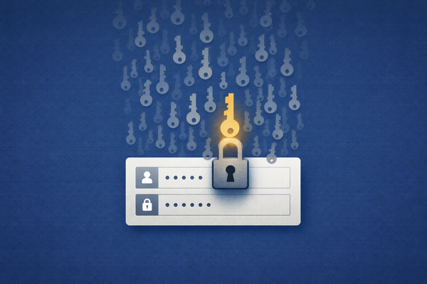 Editorial illustration of a digital login box with multiple keys, symbolizing the credential stuffing attack on PayPal and the vulnerability of reused passwords across financial platforms.
