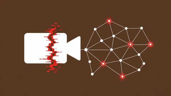 Minimalist vector on solid brown: A white video camera icon with a red "hacker" skull overlaid, representing collaboration software exploitation.