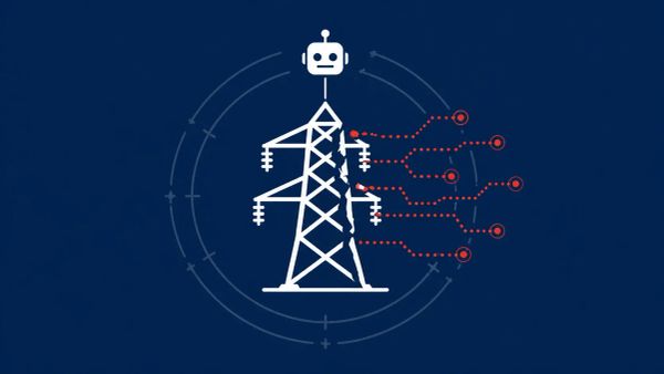 Cracked power grid tower with red attack lines spreading outward and AI icon above, representing rising Russian cyberattacks on Poland and AI-driven threat escalation.