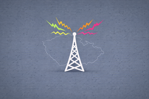 Minimalist vector art of a radio tower with randomized signal waves on a slate blue background, representing the PowMix botnet.
