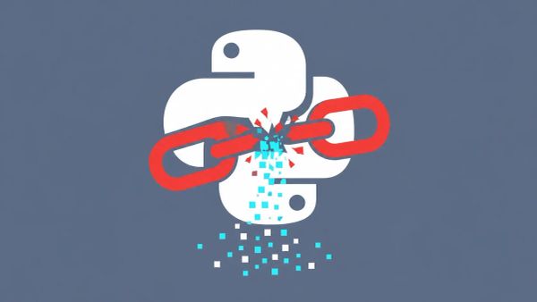 Minimalist vector of a white Python-style symbol on a slate background, broken by a red chain link with cyan and white data pixels falling, symbolizing a breach.