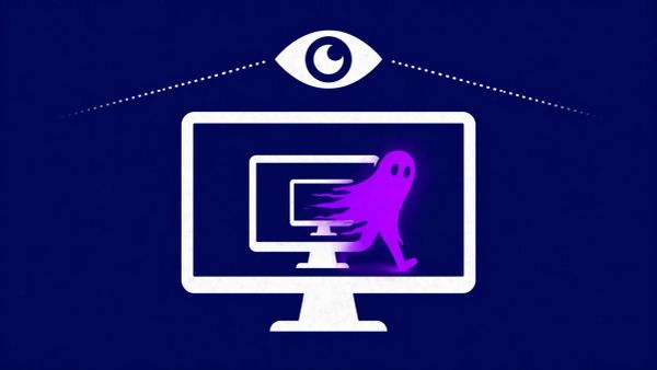Minimalist vector art showing a nested monitor setup with a purple phantom silhouette evading a security eye icon.