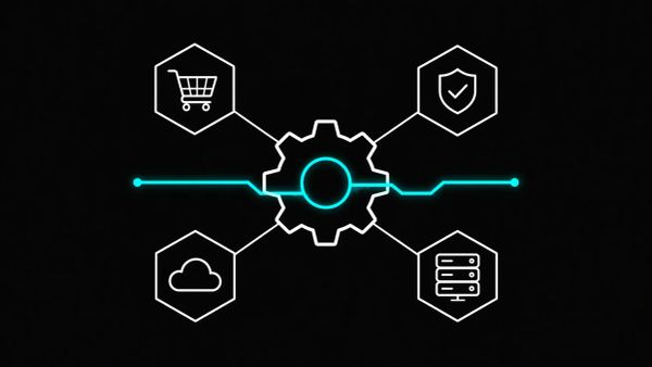 A minimalist white line art diagram showing multiple hexagonal icons being connected by a central AI gear on a solid charcoal obsidian background.