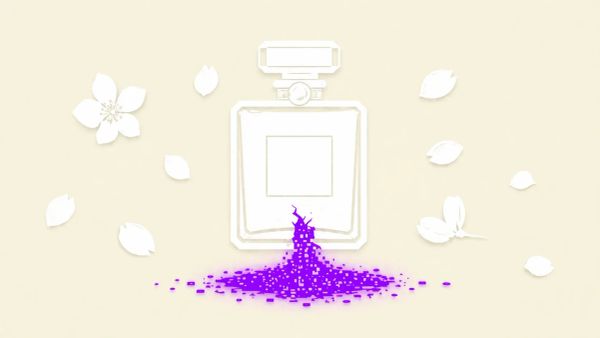 Minimalist flat vector illustration: a white perfume bottle icon with a neon purple data leak on a sand-colored background.