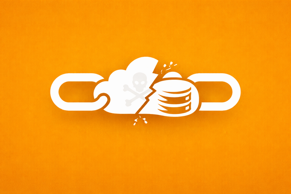 Flat vector art on a Rockstar Orange background. A broken white chain with a cracked cloud database link, signifying a third-party breach.