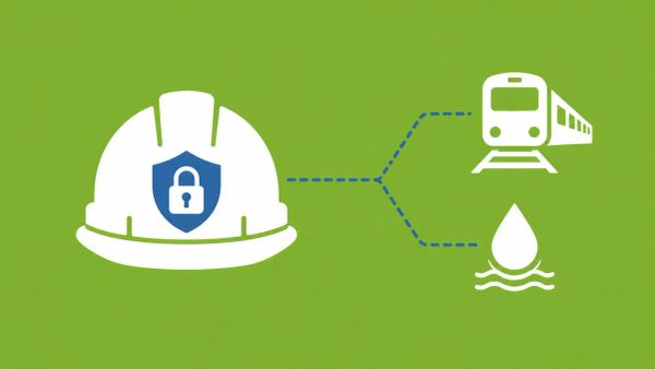 Minimalist vector on lime green: A white hard hat icon with a blue "digital lock" symbol, representing construction-sector cybersecurity.