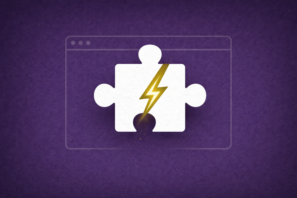Flat vector art on a deep purple background. A white puzzle piece icon features an electric yellow lightning bolt, symbolizing a compromised software component and supply chain breach.