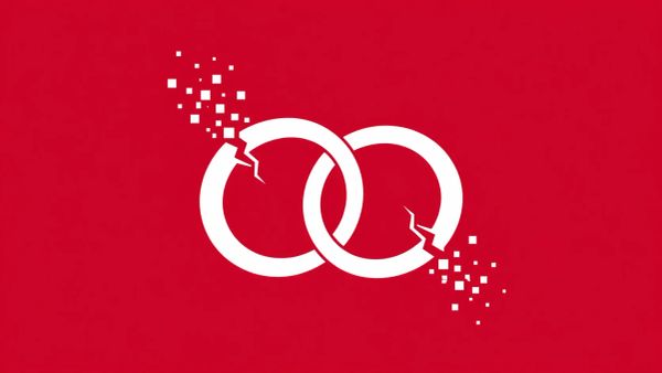 Minimalist white line art showing two intertwined rings cracked in half on a solid crimson background, representing the breach of a major matchmaking service's private data.