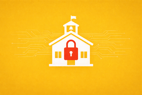 Minimalist vector art of a white schoolhouse with a red padlock on a yellow background, representing the ransomware attack on Spring Lake Park Schools.