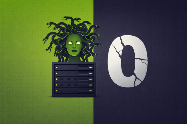 Editorial illustration of a Medusa head emerging from a server rack next to a cracked zero-day symbol, representing the Storm-1175 campaign and the rapid deployment of Medusa ransomware.