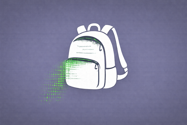 White backpack on slate gray background with green code streaming from zippers, representing student data breach and academic cybersecurity risk.