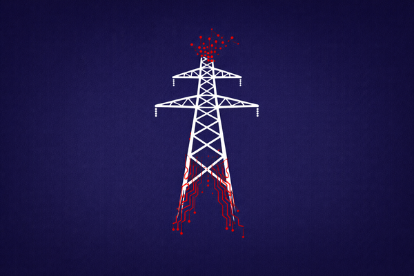 Minimalist vector art of a power pylon with red circuit lines, representing a cyberattack on Swedish critical infrastructure.