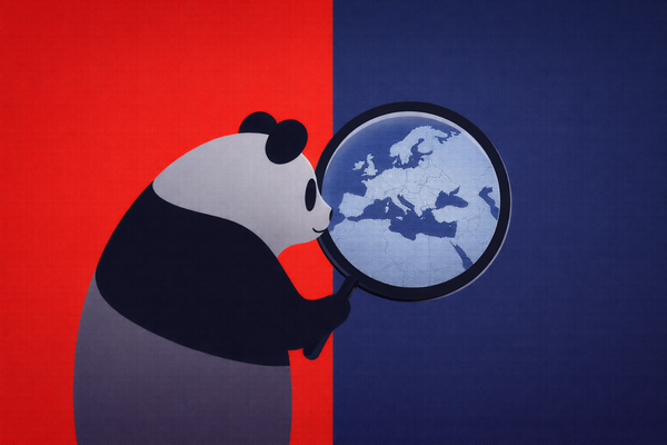 Editorial illustration of a panda silhouette examining a map of Europe and the Middle East with a magnifying glass, representing the TA416 (Mustang Panda) cyber-espionage campaign expansion.