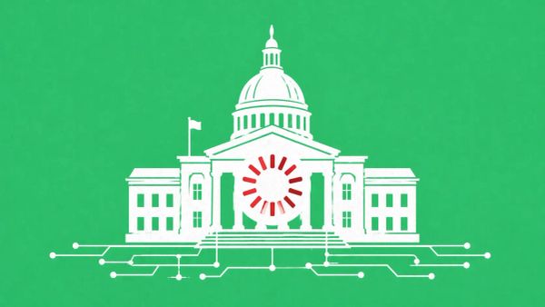 Minimalist vector art of the Tallahassee capitol building with a red loading icon on a green background, representing a cyberattack.