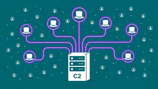 Minimalist flat vector illustration: a white top hat icon connected to a white C2 server by neon purple lines on a deep teal background, representing a botnet proxy connection.