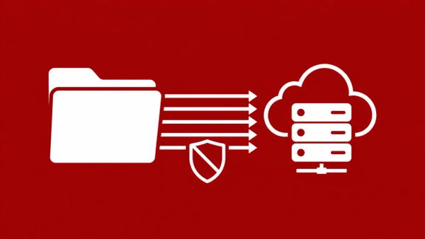 Minimalist white line art on a navy background showing a file folder icon with multiple outgoing parallel arrows and a lock, symbolizing high-speed, secure data exfiltration.