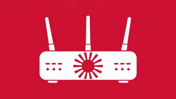 Minimalist white line art of a stylized router silhouette with a white Japanese rising sun icon overlaid on a solid crimson red background.