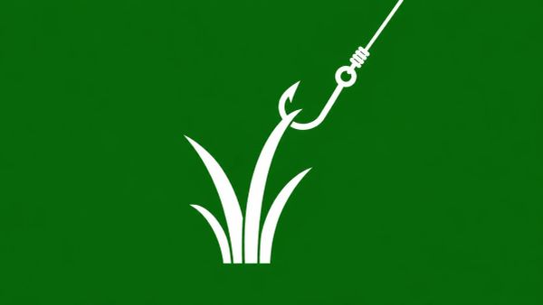 Minimalist white line art of a stylized blade of grass silhouette with a digital fishing hook snagged on it, overlaid on a solid Grass Green background.