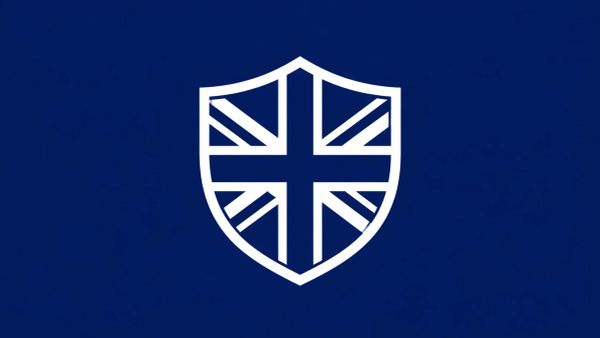 Minimalist white line art of the Union Jack flag stylized with a digital shield icon in the center, on a solid royal navy background.