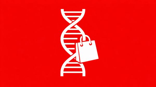 Minimalist white line art of a DNA double helix entwined with a digital shopping bag, on a solid bright red background.