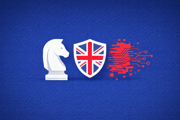 Minimalist vector art of a chess knight facing a digital glitch on a royal blue background, representing the UK's AI security posture.
