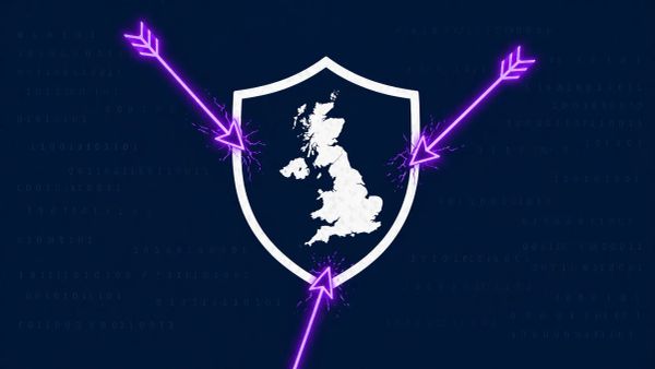 Minimalist vector art of a shield protecting the UK from three purple neon arrows on a navy background.