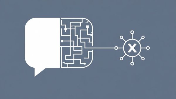 Minimalist white line art on slate gray showing a split chat bubble with geometric lines leading to a compromised network node, symbolizing deceptive help desk dialogue in Teams.