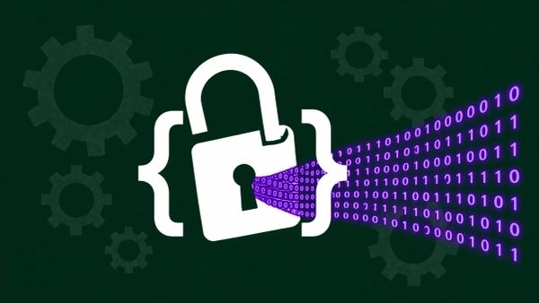 Minimalist flat vector illustration: a white open padlock entwined with code brackets, with neon purple binary code leaking out on a deep forest green background.