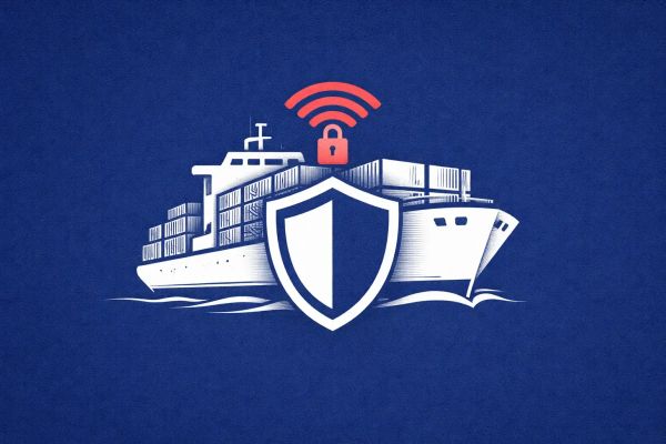 Minimalist vector art of a cargo ship and shield on a navy blue background, representing US Coast Guard cyber regulations.