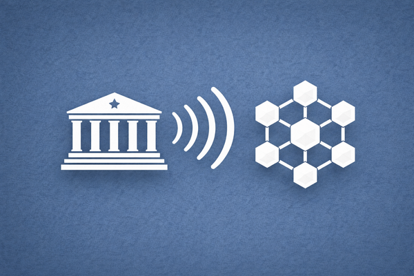 Flat vector art on a slate blue background. A white Treasury building icon transmits signal waves to a white blockchain hexagon icon, representing official intel sharing.