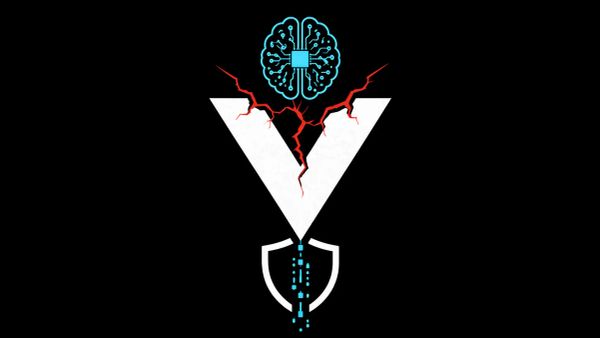 Minimalist vector art of a Vercel logo being cracked by a blue AI icon on a black background, representing the Context AI supply chain breach.