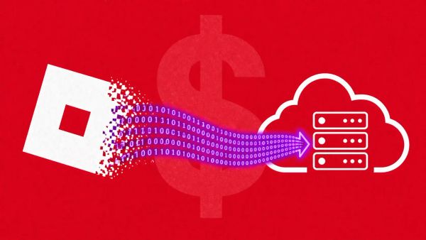 Minimalist flat vector illustration: white Roblox logo dissolving into a purple neon binary stream flowing into a cloud server icon on a bright crimson background.